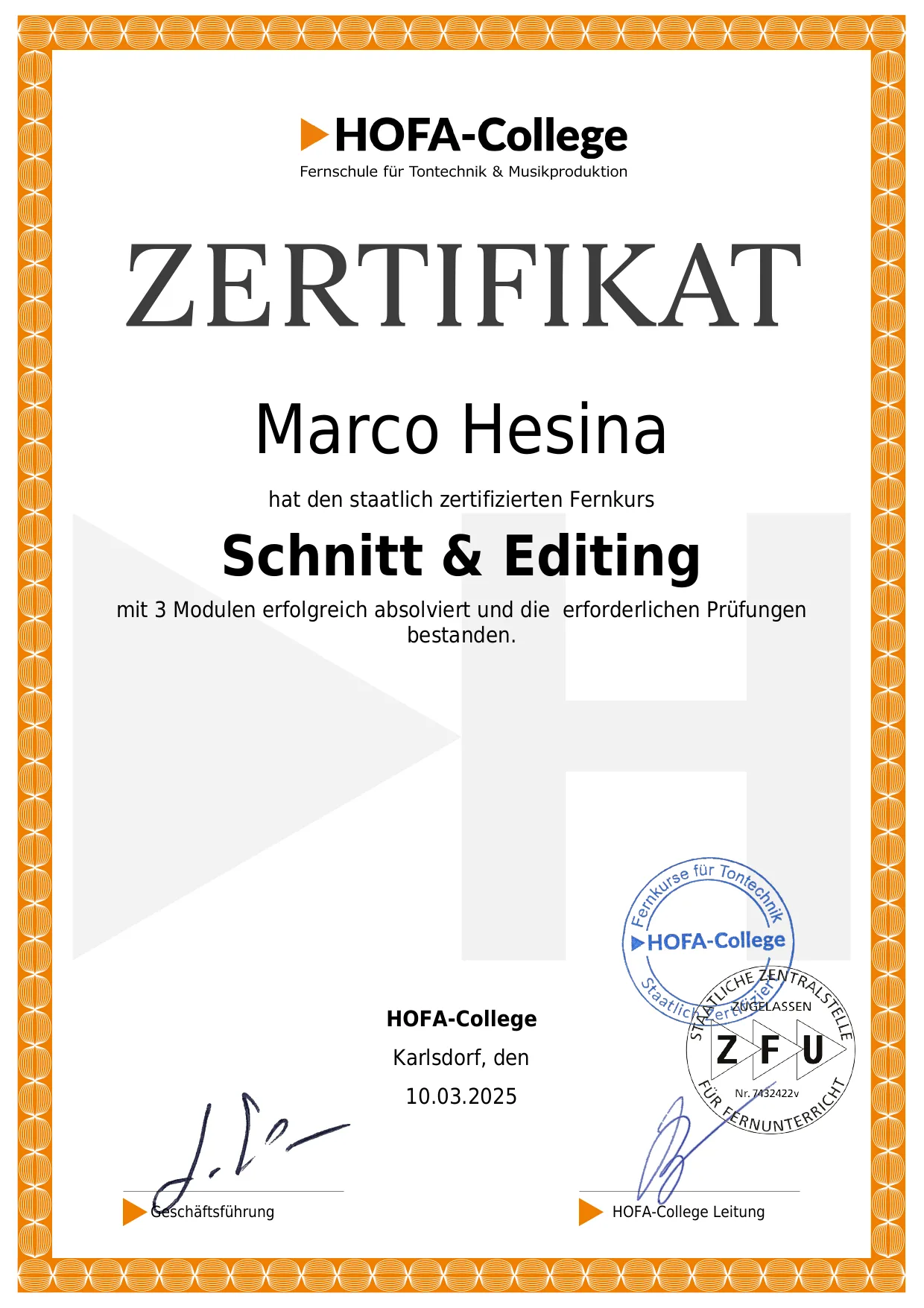 Vorschau des HOFA-College Zertifikats Schnitt und Editing für Marco Hesina