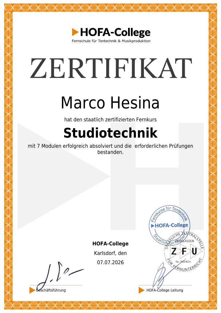 HOFA-College Zertifikat Studiotechnik für Marco Hesina